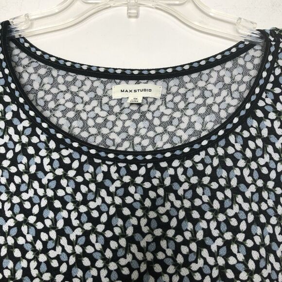 Max Studio Blue Black White Floral Stretchy Flowy 3/4 Tie Sleeve Tunic size 1X - Picture 5 of 10